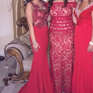 Elegant Red Lace Evening Gown on the left